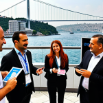 **

A vibrant professional networking event in Istanbul. Attendees are exchanging business cards and engaging in enthusiastic conversations. The backdrop showcases modern office buildings and the Bosphorus bridge, symbolizing career advancement and Turkish business culture. Include visual cues of continuous learning, such as books or tablets in the hands of attendees.

**
